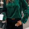Evergreen Asymmetric Button Keyhole Neck Long Sleeve Velvet Blouse