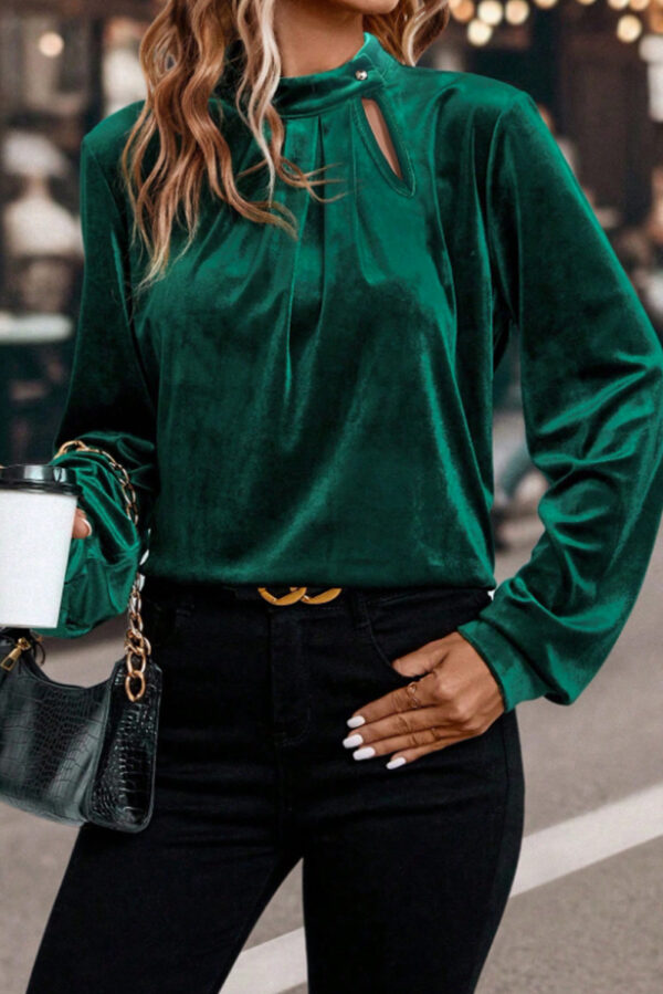 Evergreen Asymmetric Button Keyhole Neck Long Sleeve Velvet Blouse