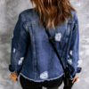 Black Lapel Distressed Raw Hem Buttons Denim Jacket