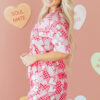 Pink Heart Print Shirt Style Silky Short Pajama Set