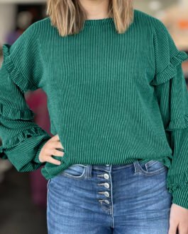 Evergreen Twisted Ribbed Tiered Ruffles Long Sleeve Pullover Top