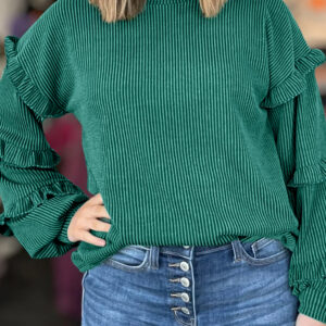 Evergreen Twisted Ribbed Tiered Ruffles Long Sleeve Pullover Top