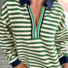 Dark Green Striped Print Contrast Collar Zip V Neck Long Sleeve Top