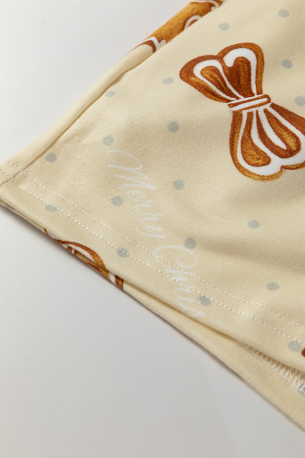 Beige Gingerbread Man Christmas Print Long Sleeve Pullover Lounge Short Set