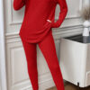 Racing Red Ribbed Notched Neck Knit Long Sleeve Leggings Two Pieces Lounge Set