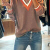 Gray Contrast Striped Trim V Neck Varsity Sweater