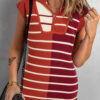 Khaki Stripe Color Block Quarter Zip Collar Short Sleeve Sweater Dress