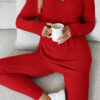 Racing Red Ribbed Notched Neck Knit Long Sleeve Leggings Two Pieces Lounge Set