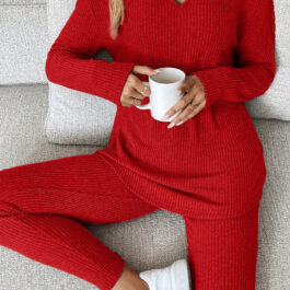 Racing Red Ribbed Notched Neck Knit Long Sleeve Leggings Two Pieces Lounge Set
