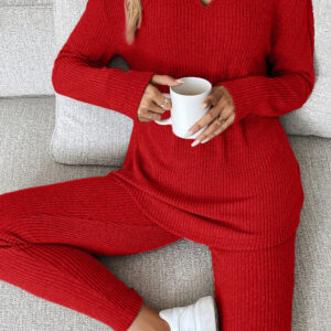91679994-517af07437d8f761.jpg Racing Red Ribbed Notched Neck Knit Long Sleeve Leggings Two Pieces Lounge Set