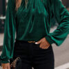 Evergreen Asymmetric Button Keyhole Neck Long Sleeve Velvet Blouse