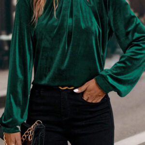 Evergreen Asymmetric Button Keyhole Neck Long Sleeve Velvet Blouse