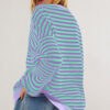 Rose Stripe Contrast Ribbed Trim Crossed Stitch Drop Shoulder Sweatshirt