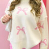 Pink Bow Print Ribbed Trim Exposed Seam Drop Shoulder Loose Sweater