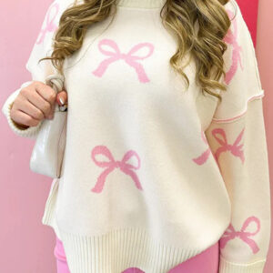 Pink Bow Print Ribbed Trim Exposed Seam Drop Shoulder Loose Sweater