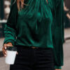 Evergreen Asymmetric Button Keyhole Neck Long Sleeve Velvet Blouse