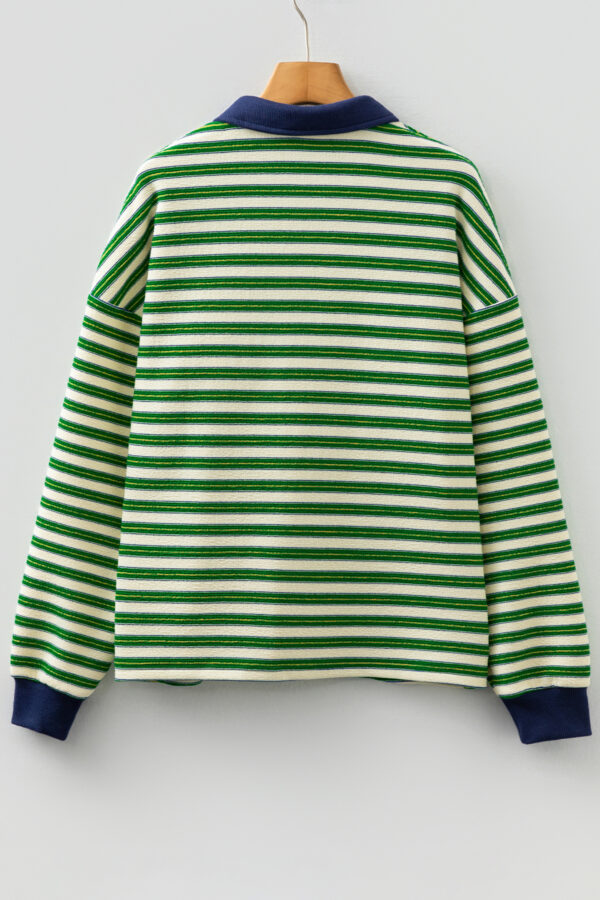 Dark Green Striped Print Contrast Collar Zip V Neck Long Sleeve Top
