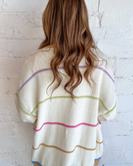 White Color Block Striped Open Front Cardigan With Pocket