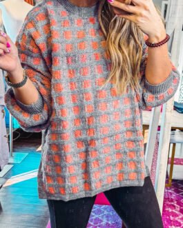 Pink Checkered Oversized Side Slit Sweater