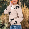 Smoke Gray Pearl Embellished Bow Pattern Loose Sweater