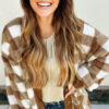 Brown Checkered Sherpa Loose Knit Cardigan with Pockets