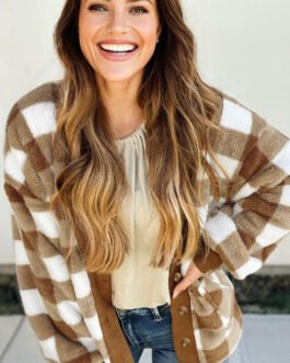 Brown Checkered Sherpa Loose Knit Cardigan with Pockets