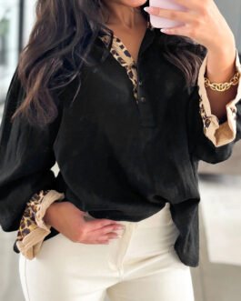 Black Contrast Leopard Print Patchwork Polo Collar Buttons Front Ruffled Long Sleeve Blouse