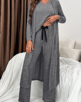 Dark Grey 3pcs V Neck T Shirt Ribbon Knot Pants Open Duster 3pcs Lounge Set