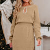 Smoke Gray Pearl Embellished Keyhole Ribbed Sweater Dress