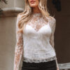 White Sheer Lace Mesh Mock Neck Slim Fit Long Sleeve Top