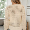 Beige Hollowed Pattern Knit Zip Up Drop Shoulder Sweater Cardigan