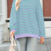 Rose Stripe Contrast Ribbed Trim Crossed Stitch Drop Shoulder Sweatshirt