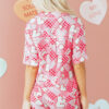 Pink Heart Print Shirt Style Silky Short Pajama Set