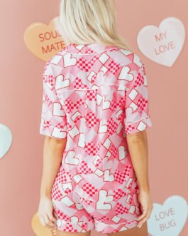 Pink Heart Print Shirt Style Silky Short Pajama Set