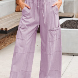 Pink Mineral Wash Exposed Seam Drawstring Elastic Waistband Wide Leg Cargo Pants