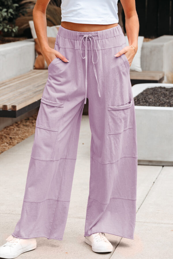 Pink Mineral Wash Exposed Seam Drawstring Elastic Waistband Wide Leg Cargo Pants