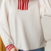 White Textured Knit Contrast Striped Accent Zipped Collar Pullover Top