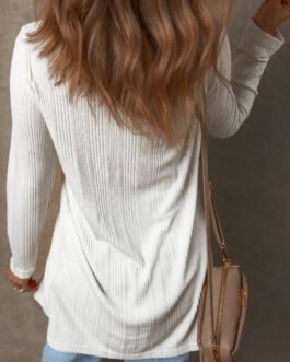 White Solid Color Ribbed Button up Tunic Cardigan
