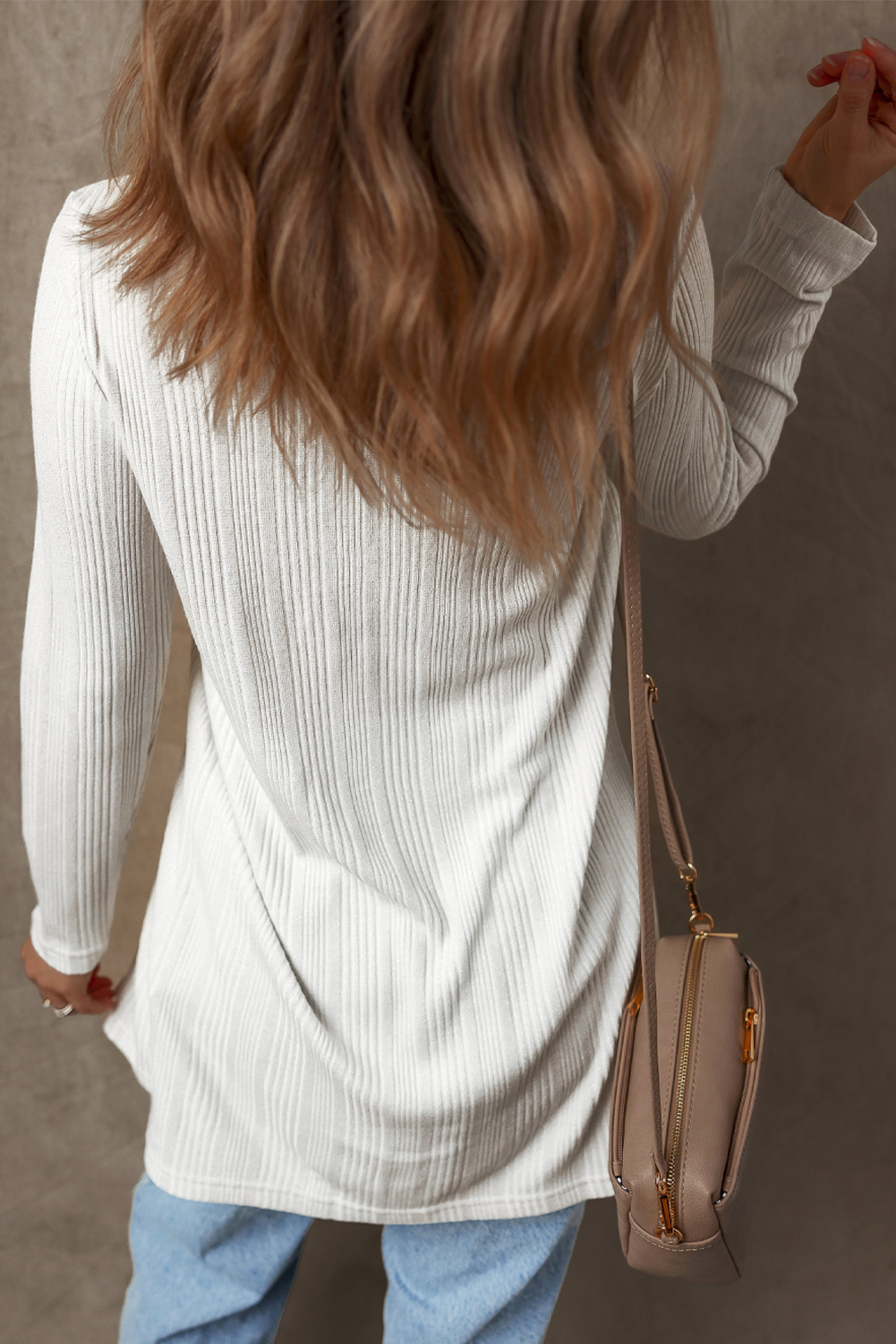 White Solid Color Ribbed Button up Tunic Cardigan - Image 2