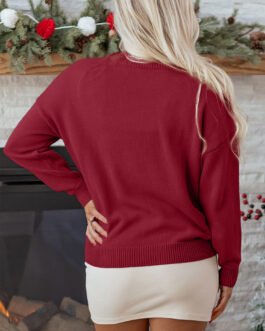 Racing Red Merry Colorful Dot Detail Christmas Drop Shoulder Sweater