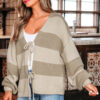Khaki Striped Color Block Brushed Knit Bow Tie Front Sweater Cardigan