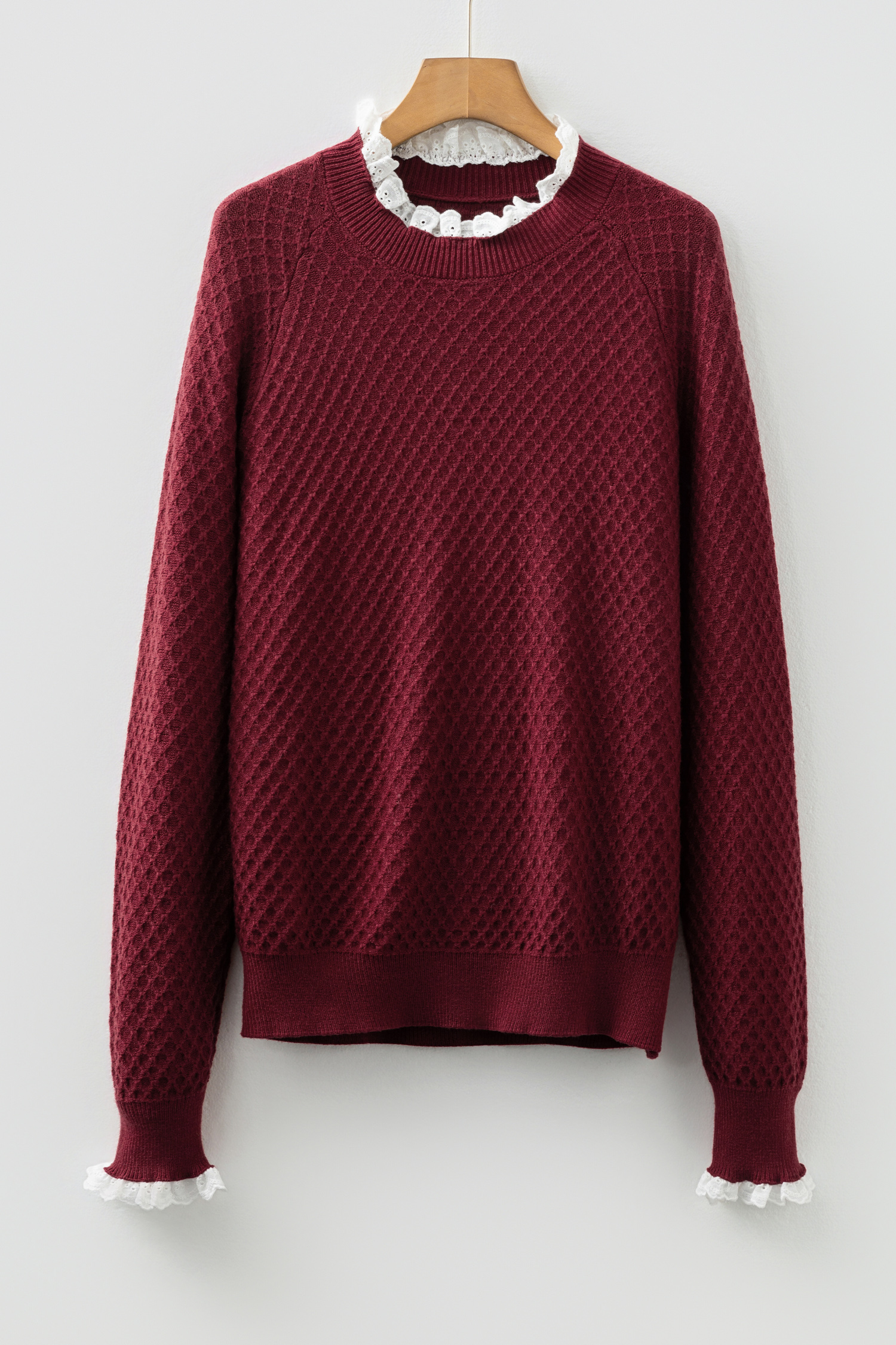 Burgundy Contrast Lace Frilled Trim Raglan Sleeve Sweater - Image 6