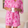 Pink Bow Print Half Sleeve Shirt and Shorts Pajamas Set