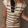Khaki Stripe Color Block Quarter Zip Collar Short Sleeve Sweater Dress