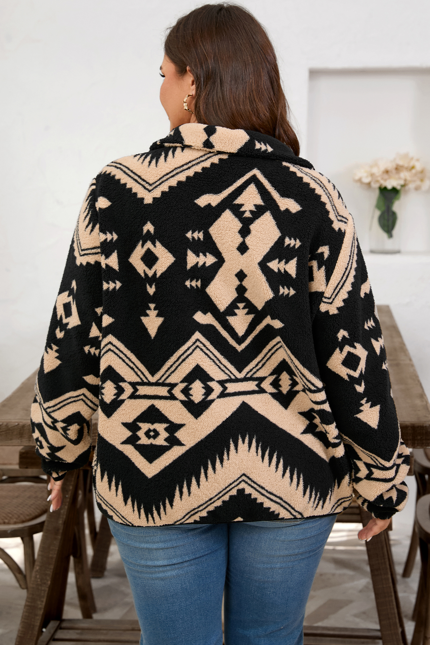 Black Plus Size Western Aztec Pattern Half Button Collared Plush Sweatshirt - Image 2