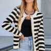 White Stripe Chic Golden Button Cardigan Sweater