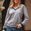 Gray Contrast Striped Trim V Neck Varsity Sweater