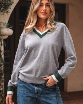 Gray Contrast Striped Trim V Neck Varsity Sweater
