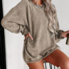 Khaki Solid Ribbed Knit Round Neck Pullover Sweatshirt