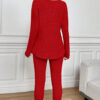 Racing Red Ribbed Notched Neck Knit Long Sleeve Leggings Two Pieces Lounge Set